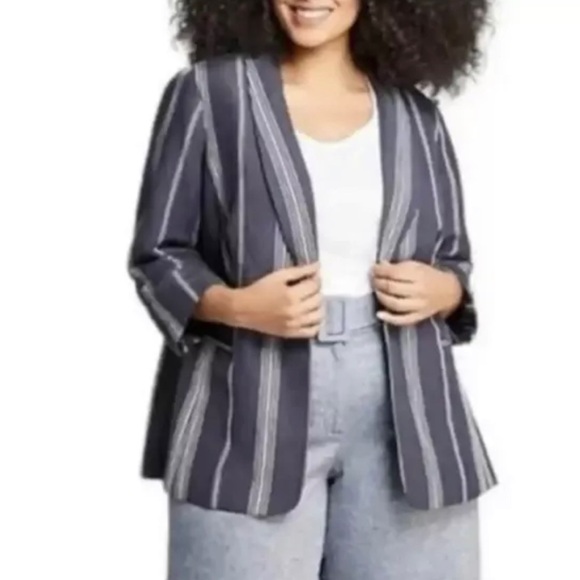 Lane Bryant The Bryant Blazer Linen Navy Blue Striped Jacket Womens 26 - Picture 1 of 6
